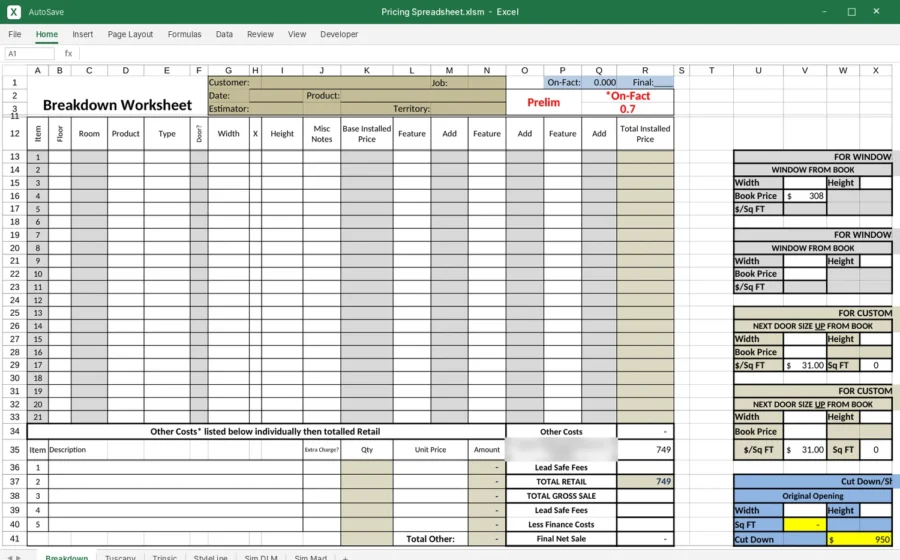 Window Pricing & Breakdown Worksheet